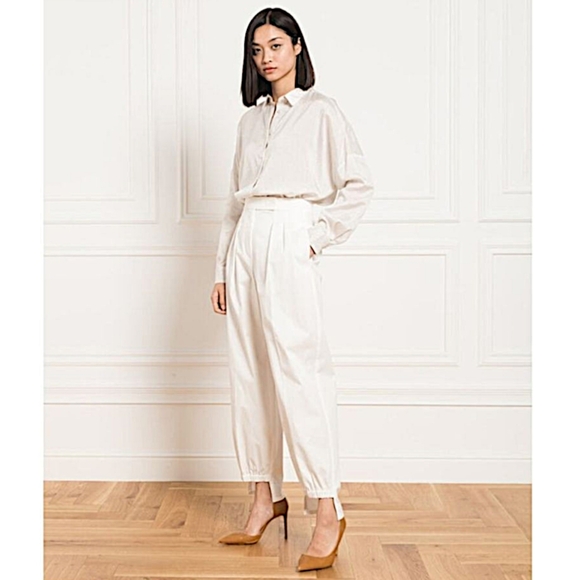 Max Mara made in Italy cotton blend white avant garde drop step hem trousers W 8